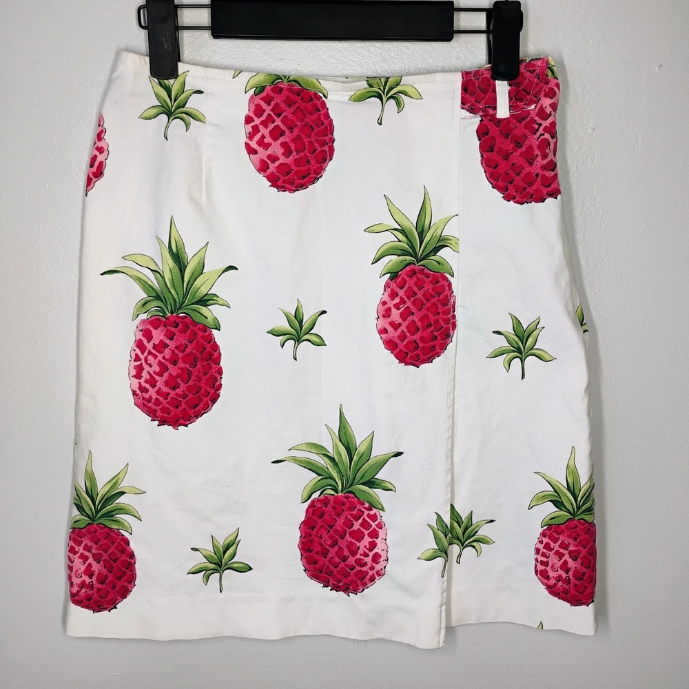 Talbots Vintage Pineapple Faux Wrap Skirt Womens 4 White Pink Tropical Vacation